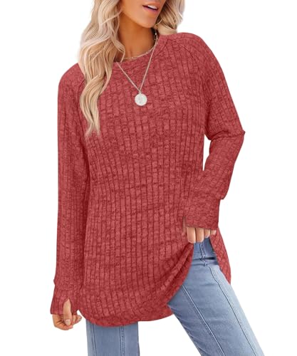 JomeDesign Long Sleeve Shirts for Women Thumb Holes Sweatshirts Loose Casual Sweaters Red