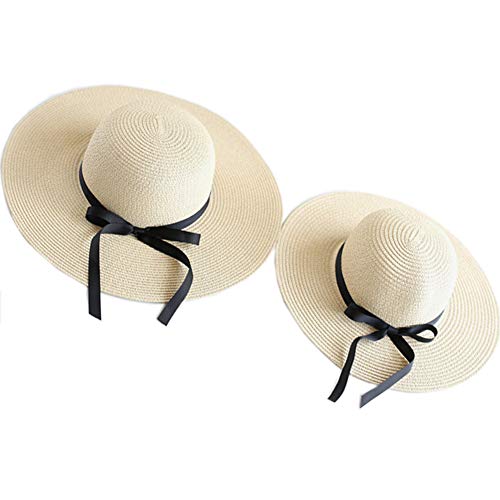 Julerwoo 2 PCS Parent-Child Straw Hat Wide Brim Bowknot Cap Beach Sun Hat for Girls Women