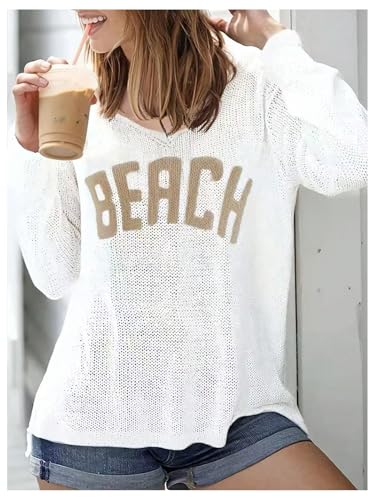 Image of Verdusa Women's Beach Cover Up Sweaters Letter Print Long Sleeve Crochet Crew Neck Knit Sweater Summer Tops