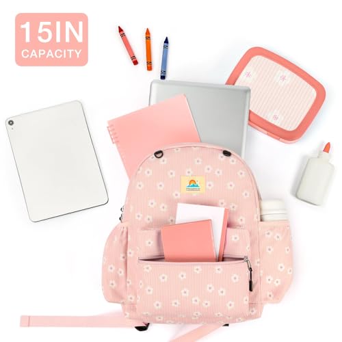 Image of STEAMEDBUN Corduroy Kids Backpack for Girls and Boys 5-8: Girls Backpack for Elementary Kindergarten - 15 inch Cute Backpacks for Kids - Sakura