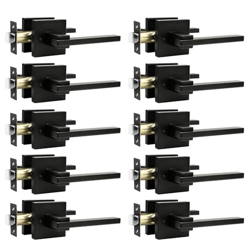 Image of Orger 10 Pack Matte Black Interior Privacy Lever Handle, Bed and Bath Lock With Square Rose, Modern Keyless Reversible for Left & Right, Stainless Steel