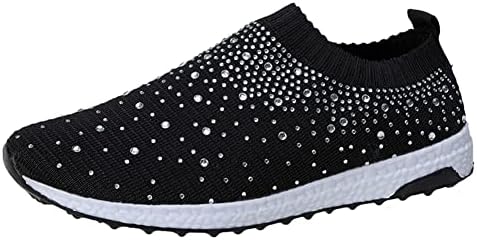 LLTMALL Women's Slip on Sock Sneakers Glitter Rhinestone Latin Jazz Folk Dance Easy Shoes Black 8