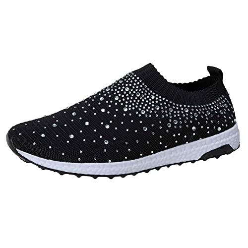 Lltmall Women's Slip On Sock Sneakers Glitter Rhinestone Latin Jazz Folk Dance Easy Shoes Black 8 #TOP27