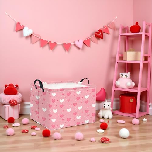 Image of Rectangular Valentines Basket Baby Girl Storage Bin Pink Basket Organizer Box Heart Room Decor(Pink Hearts)