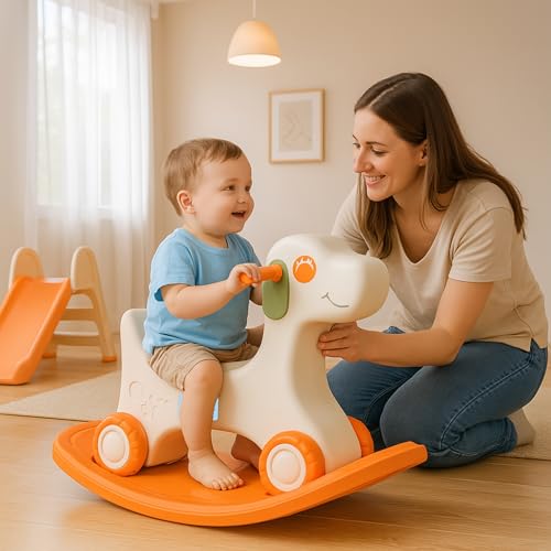 Image of Amazon Brand - Jam & Honey 3-in-1 Puppy Push On Ride On Rocker for Kids | Balancing Board | Backrest | Easy Grip | Four Wheel | Durable and Safe | Lightweight | Animal Theme | 12 Months+ | Orange