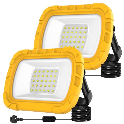 T-SUN 30W Foco LED Portátil, 1000LM Foco Trabajo LED con Enchufe y Cable de 1,8 m, Soporte Plegable, Blanca Fría de 6500K, Luz de Trabajo Impermeable para Garajes, Talleres y Obras- 2 Piezas