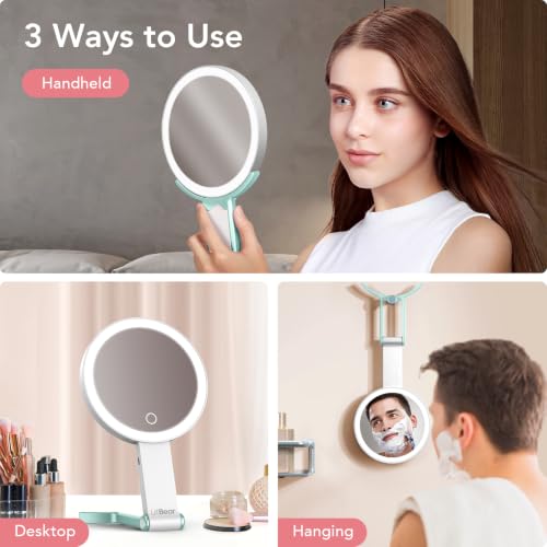 Image of LitBear Travel Makeup Mirror with Light, Rechargeable Double-Sided 10X /1X Magnifying Mirror, Portable Lighted Beauty Mirror, 3 Color Lighting, Dimmable Touch Screen, Tabletop Handhold Hanging (Green)