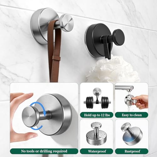Image of Suction Cup Hooks for Shower, No Drill Removable Bathroom Hooks for Loofahs | Shower Hooks for Inside Shower, Heavy Duty Shower Suction Hooks for Bathroom Window, Door, and Wall, 2 Pack, Silver