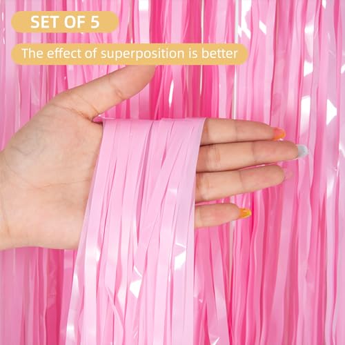 Image of 5 Pack Pink Foil Curtain Backdrop 3.2ft x 8.2ft Tinsel Foil Fringe Curtains Macaron Photo Booth Streamer Backdrop for Party Decorations Birthday Baby Shower Bachelorette Holiday Decor (Pastel Pink)
