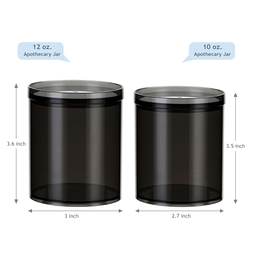 SheeChung 6-Pack Black Stackable Apothecary Jars - (10oz & 12oz) Mixed Sizes Qtip Holder - Modern Industrial Bathroom Accessories Decor with Storage Lids - Translucent Black