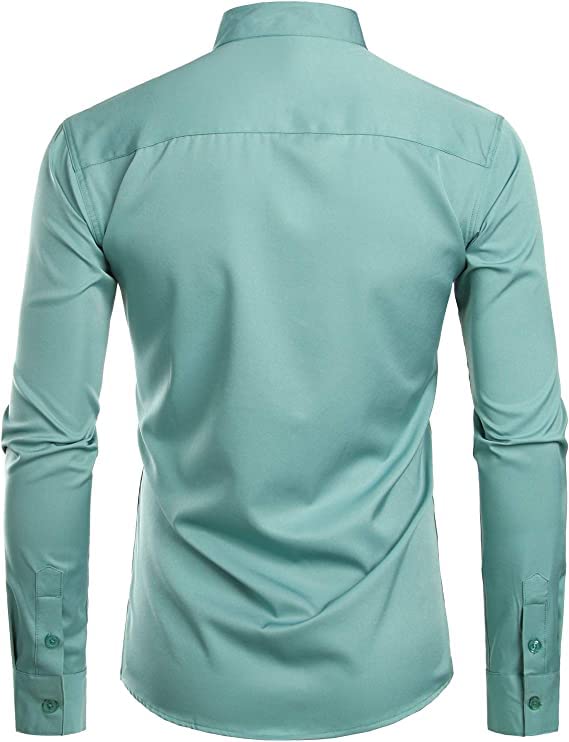 Image of Men's Solid Regular Fit Mandarin Collar Plain Shirt - PistaGreen