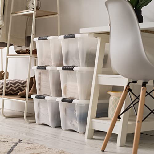 Image of IRIS USA 19 Qt Stackable Plastic Storage Bins with Lids, 6 Pack - BPA-Free, Made in USA - Discreet Organizing Solution, Latches, Durable Nestable Containers, Secure Pull Handle - Pearl