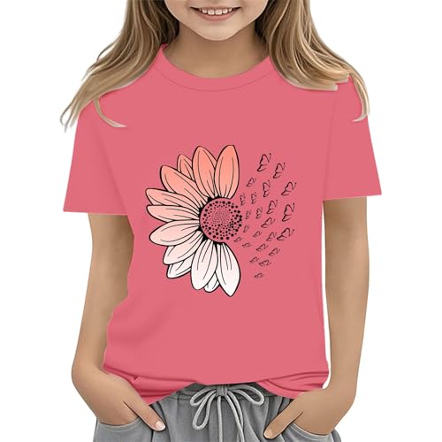 Girls Loose Fit Sunflower Graphic T Shirts Short Sleeve Crewneck Cute Pattern Printed Tops Kids (B-Pink, 6-7 Years)