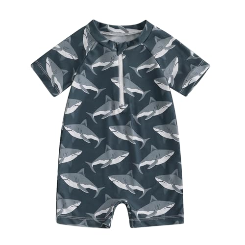 Image of Toddler Baby Boy Swimsuit One Piece Swimwear Shark Short Sleeve Zipper Rash Guard Infant Bathing Suit