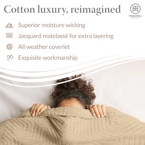 Threadmill Luxury Cotton Blankets for King Size Bed | All-Season Cozy 100% Cotton Blanket | Aster Jacquard Soft & Lightweight Coverlet fits California King Size Bed, 104x92 | Beige
