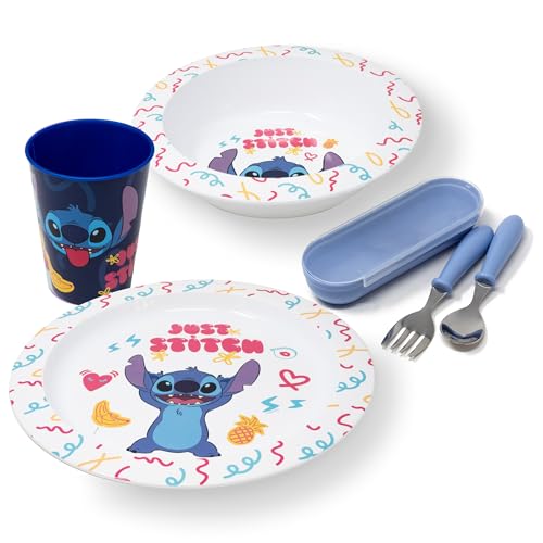 damaloo Set de Vajilla Infantil Lilo & Stitch – Plato, Bol, Vaso y Cubiertos para Niños – Juego de 5 Piezas Reutilizable, Libre de BPA – Vajilla Resistente para Comida Infantil – Desde 4 Años