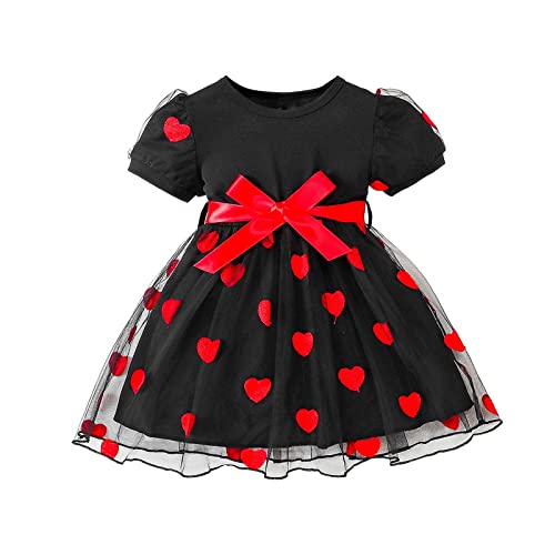 Toddler Girl Summer Round Neck Short Sleeve Black Background Red Heart Print Dress Princess Dress (Black, 4-5 Years)