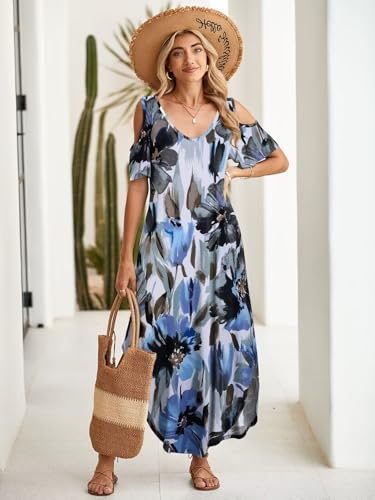 Image of BELAROI Womens Cold Shoulder Maxi Dress Plus Size V Neck Summer Sundresses with Pockets Beach Coverup Vacation Outfits