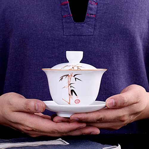 Image of Liang baobao Porcelain Gaiwan 8oz Teacup White Glazed Tureen Chinese Sancai Cover Bowl Lip Cup Saucer Set (Bamboo)