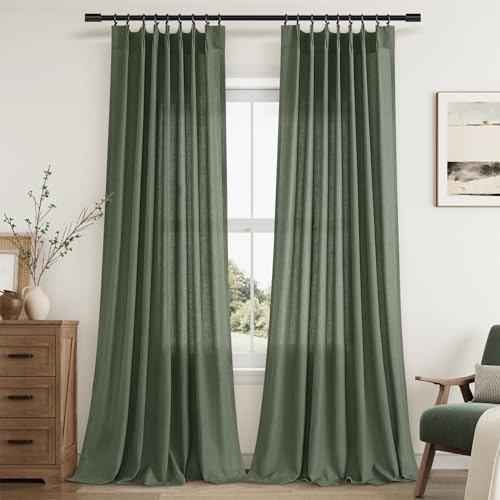 Aersas Olive Green Pinch Pleated Linen Curtains 105 Inches Long for Living Room Pinch Pleat Hooks for Track Back Tab Boho Farmhouse Semi Sheer 105 Inch Curtain for Dining Room Bedroom