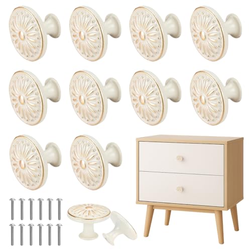 MAIJAIJUA 12PCS Antique Cabinet Knobs with Screws, Vintage Flower Pattern Round Kitchen Cupboard Handles 30mm Drawer Knobs Retro Cabinet Pull Handles for Wardrobe Door Furniture Hardware, Ivory White