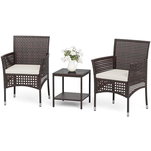 Devoko Outdoor 3 Piece Patio Furniture Set Wicker Chairs with Glass-top Coffee Table for Garden, Balcony, and Porch (Brown)