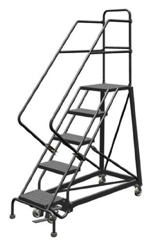 Image of Tri-Arc KDEC105166 5-Step Forward Descent Safety Angle Steel Rolling Industrial and Warehouse Ladder with Perforated Tread, 16-Inch Wide Steps