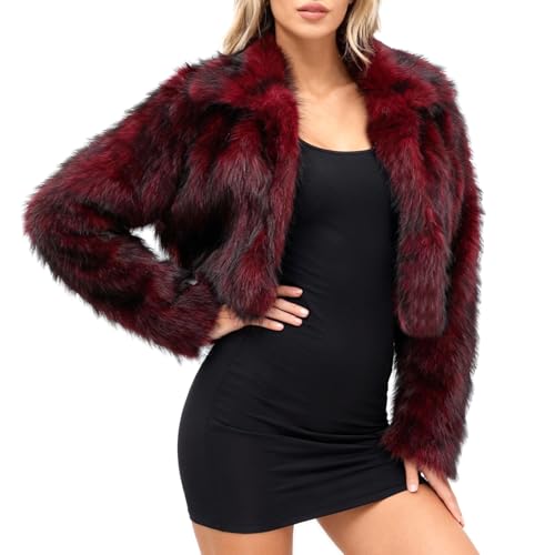 Amazhiyu Women's Faux Fur Cropped Coat Winter Open-front Long Sleeve Jackets Warm Wine Red, Small