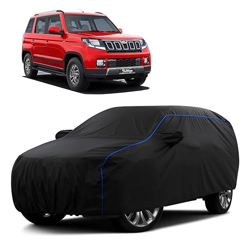 Image of Sulfar 100% Water Resistant Car Body Cover Compatible with Mirror for Mahindra TUV300 (Triple Stitched, Full Bottom Elastic, Black Tafetta with Blue Piping)