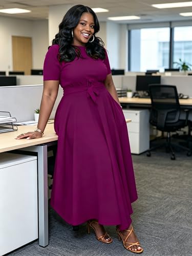 Image of Hostoyo Women Plus Size Formal A Line Maxi Dress Self Tie Waist with Pockets Elegant Round Neck Swing Long Dresses
