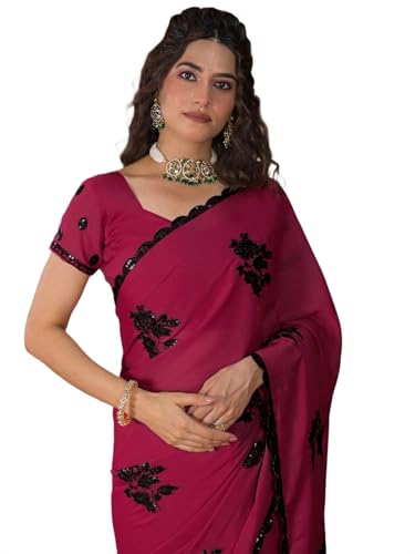 Image of Satrani Women's Shimmer Georgette Sequins Embroidery Saree with Unstitched Blouse Piece