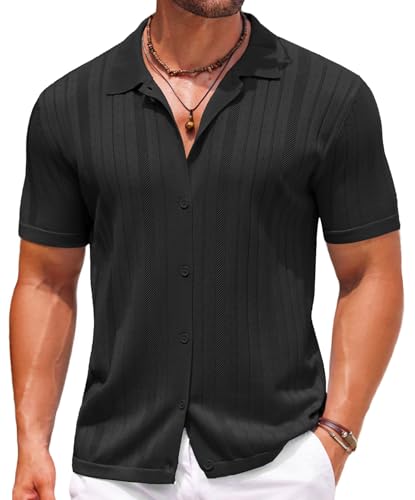 COOFANDY Mens Knit Button Down Shirts Crochet Polo Shirts Vintage Short Sleeve Textured Shirts Summer Beach Tops
