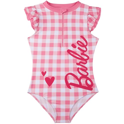 Barbie Girls Swimsuit One Piece Summer Bathing Suit Front Zip Ruffle Sleeve Swimwear Kawaii Beach Outfits 514Y (11-12 Years Pink/White Barbie)