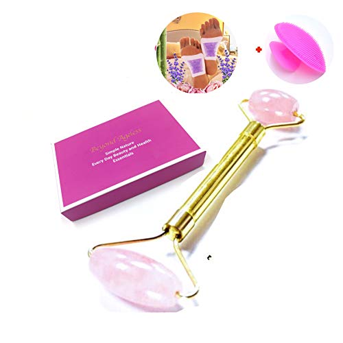 Jade Face Roller with BONUS Feet Cleansing Pads (Pack of 4) & Silicone Face & Neck Brush - Himalayan Rose Quartz Anti-Aging Roller Massager Treatment/Natural Beauty Skincare Tool