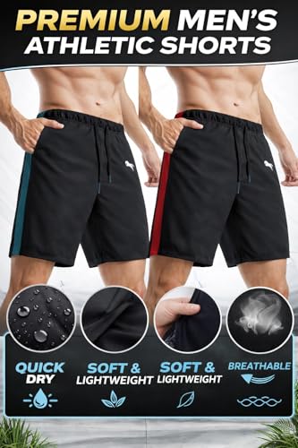 Image of JUST RIDER Men's Athletic Shorts with Side Stripe, Quick Dry, Black and Red, with Pockets