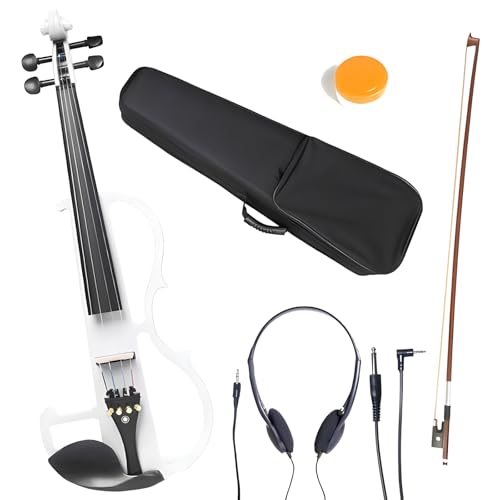 Silent Electric Solid Wood Violin Kit with Ebony Fittings in White Metallic Varnish - Full Size 4/4 Electric Violin for Beginner and Professional Musicians