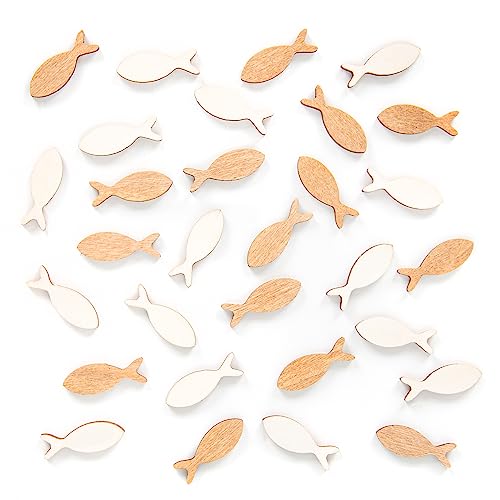 Logbuch-Verlag Lot de 30 mini poissons en bois pour communion Blanc naturel 2,5 cm Décoration de table de baptême confirmation