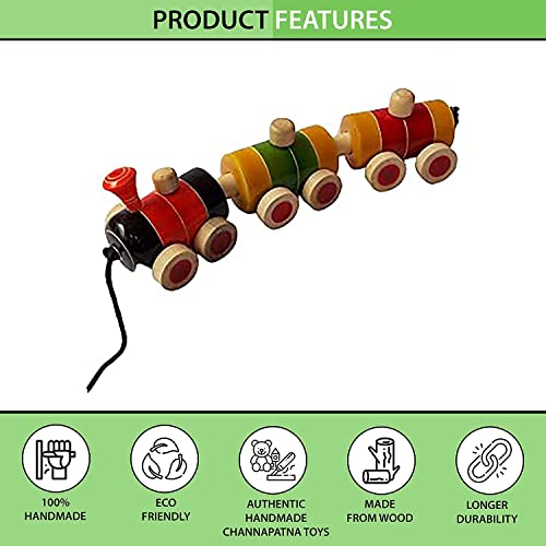 Image of Channapatna Toys Wooden Train for 12 Months & Above Kids, Toddlers, Infant & Preschool Toys - Multicolor - with Attached String- Encourage Walking, Free Tiger peg Doll