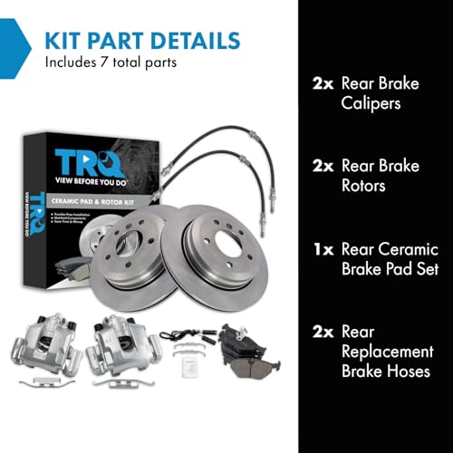 Image of TRQ Rear Brake Pad and Rotor Set Ceramic Rotors Calipers Hoses Compatible with 2001-2003 BMW 325xi