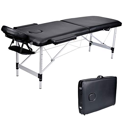 Wellhome Mesa de Masaje de 2 Secciones Aluminio Camilla Cama Portatil Plegable Ligera Camillas Masajes de Profesional Altura Ajustable Reiki con Reposacabezas, Apoyabrazos, Bolsa de transporte (Negro)