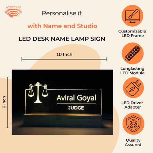 Image of Personalized LED Desk Name Plate for Judge Customized Engraved Name Lamp Office Desk Name Sign Light for Birthday Law Chambers, Courtroom, Attorney Gift, Judge Retirement or Promotion (10 x 6 inch) (For Judge)