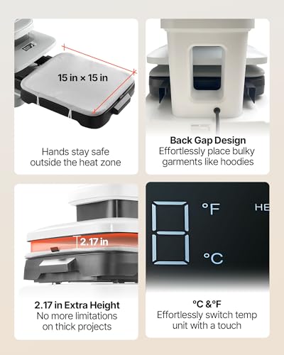 VEVOR Auto Heat Press Machine, 15 x 15 inch, T-Shirt Press Machine with Auto Release and Adjustable Pressure, Digital Display, Rapid Heating, for Sublimation, Vinyl, Heat Transfer Projects, White - Image 6