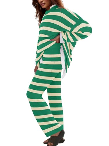 Image of LAMISSCHE Oversized Womens Lounge Set Striped Sweater Set Long Sleeve 2 Piece Pajama Set Top and Pants with Pockets