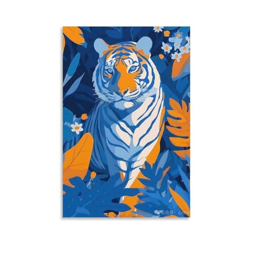 Blue-Toned Tiger in Dark Blue Jungle with Orange Stripes And White Flowers As Focal Point, Mystical Contrast Living Room Wall Art Unframe-style-1 24x36inch(60x90cm)