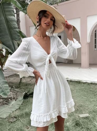 AlvaQ Womens Dresses Spring Summer Knot Front V Neck Ruffles Long Sleeve Floral Print Swing Mini Dress2