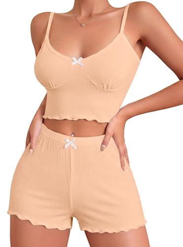Image of Hilinker Womens Graphic Print Ribbed PJ Set Crop Cami Tops and Shorts Cute Pajamas Set
