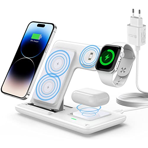 3 in1 Induktive Ladestation,18W Faltbar Kabelloses Ladegerät,Qi Wireless Charger Kompatibel mit iPhone 14 13/12/11/Pro/Xs/Xs Max/Xr/X/Se/8/8 Plus/iWatch 7/6/5/4/3/2 Airpods 3/2/Pro Cover