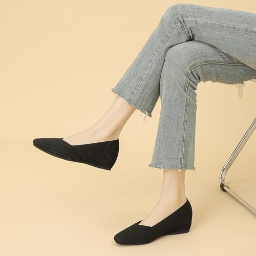 Women's Knit Square Toe Flats Casual Comfortable Slip On Soft Bottom Internal Height Increase Dress Shoes for Daily Work Walking Flat Shoes 6