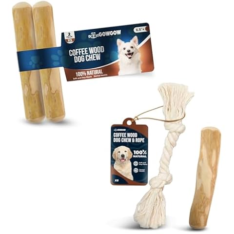 GOWGOW Real Coffee Wood Chew Sticks 6.5" & Rope Toy - Pack of 3 Sticks & 1 Rope, Natural Wood Chews for Puppies, Teething Relief, Stress Aid, Perfect Wood Chew Toy Cover