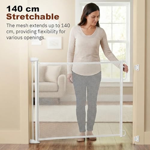 Image of Baybee Retractable Baby Safety Gate Fence for Kids & Pets | 140 cm Stretchable Mesh with Secure Childproof Lock | Foldable Drill-Mount Barrier for Door, Stairs & Kitchen (White)